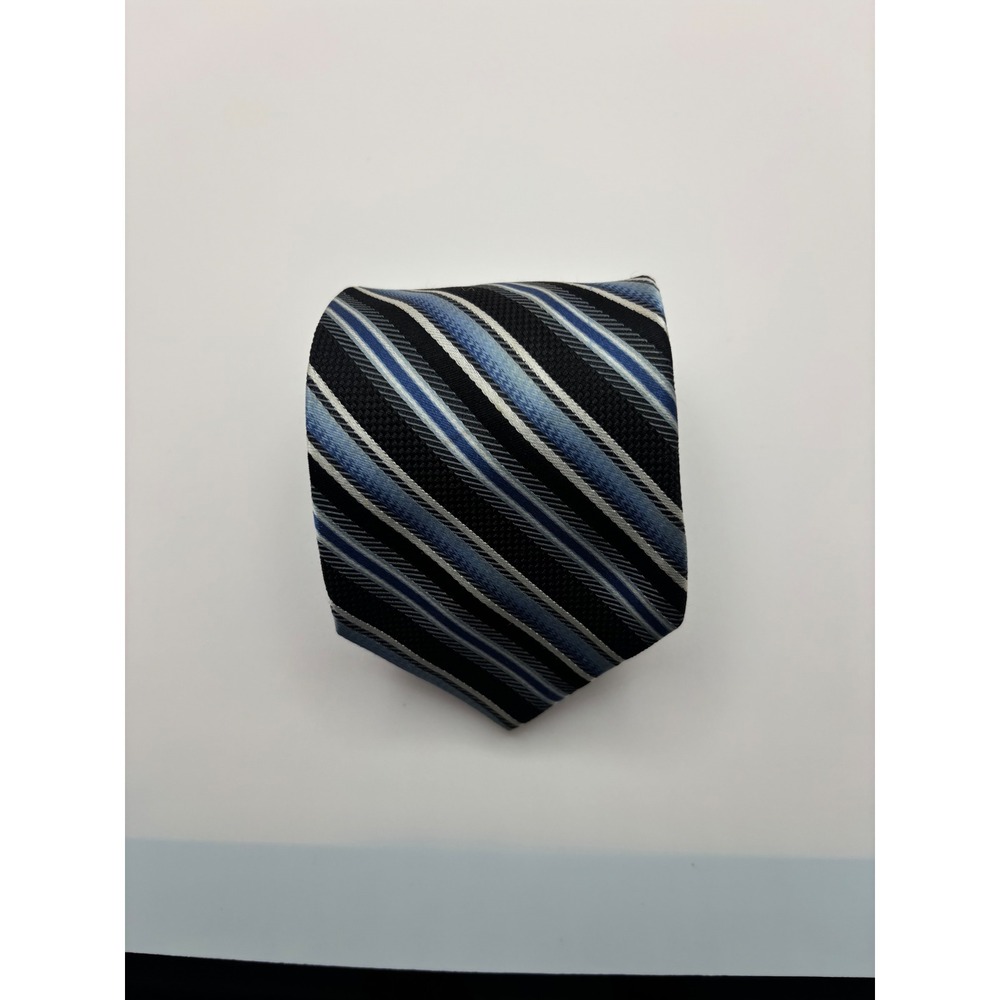 Bruno Piattelli Roma Mens Silk Tie Blue Black Silver Striped Hand Made Italy